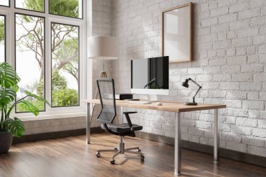 comfortable workplace pc standing on wooden desk in office at home; bright sunlight shines from side through large window; wall; with canvas copy space;  remote work freelance concept; 3D Illustration
