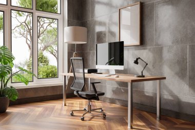 comfortable workplace pc standing on wooden desk in office at home; bright sunlight shines from side through large window; wall; with canvas copy space;  remote work freelance concept; 3D Illustration