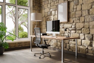 comfortable workplace pc standing on wooden desk in office at home; bright sunlight shines from side through large window; wall; with canvas copy space;  remote work freelance concept; 3D Illustration