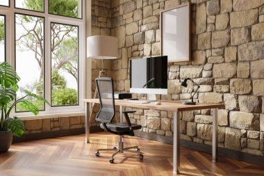 comfortable workplace pc standing on wooden desk in office at home; bright sunlight shines from side through large window; wall; with canvas copy space;  remote work freelance concept; 3D Illustration