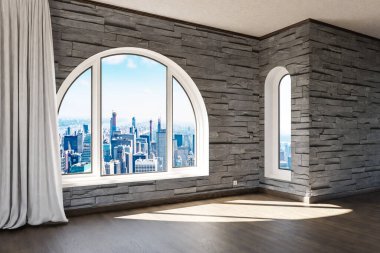 empty luxurious loft apartment with arched window and panoramic view over urban downtown; noble interior design mock up white curtain and wooden floor; 3D Illustration