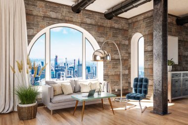 luxurious loft apartment with arched window and panoramic view over downtown; noble interior living room design mock up; 3D Illustration
