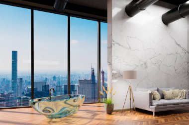 large urban skyline loft office white wall and canvas mock up; copy space panoramic window skyline view, 3D Illustration