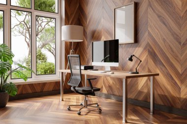 comfortable workplace pc standing on wooden desk in office at home; bright sunlight shines from side through large window; wall; with canvas copy space;  remote work freelance concept; 3D Illustration
