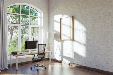 comfortable workplace with pc standing on wooden desk in office at home; bright sunlight shines from side through window; wall with canvas copy space;  remote work freelance concept; 3D Illustration