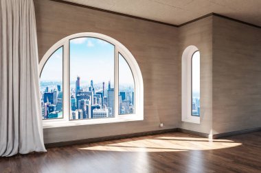 empty luxurious loft apartment with arched window and panoramic view over urban downtown; noble interior design mock up white curtain and wooden floor; 3D Illustration