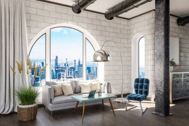 luxurious loft apartment with arched window and panoramic view over downtown; noble interior living room design mock up; 3D Illustration