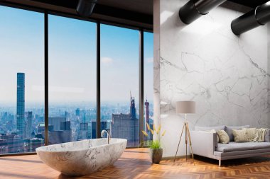 large urban skyline loft office white wall and canvas mock up; copy space panoramic window skyline view, 3D Illustration