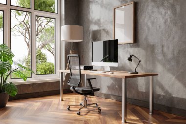 comfortable workplace pc standing on wooden desk in office at home; bright sunlight shines from side through large window; wall; with canvas copy space;  remote work freelance concept; 3D Illustration