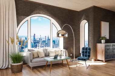 Şehir merkezi üzerinde kemerli pencere ve panoramik manzaralı lüks bir çatı katı; asil iç mekan tasarımı modelleme; 3D İllüstrasyon