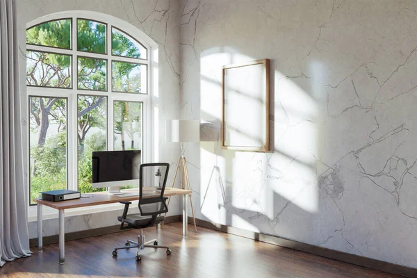 Comfortable Workplace Standing Wooden Desk Office Home Bright Sunlight Shines — Fotografia de Stock
