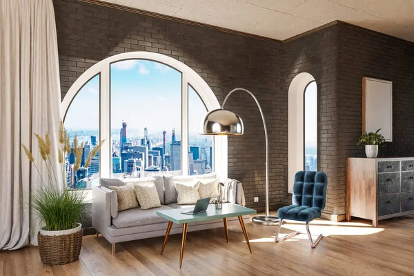 Luxurious Loft Apartment Arched Window Panoramic View Downtown Noble Interior — ストック写真