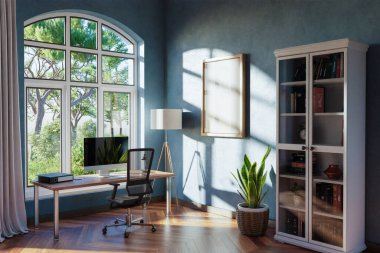 comfortable workplace with pc standing on wooden desk in office at home; bright sunlight shines from side through window; wall with canvas copy space;  remote work freelance concept; 3D Illustration