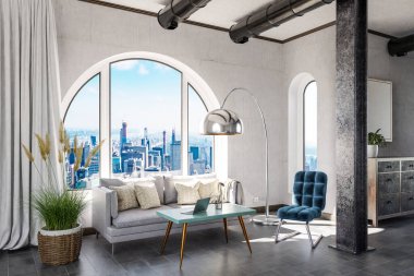 luxurious loft apartment with arched window and panoramic view over downtown; noble interior living room design mock up; 3D Illustration