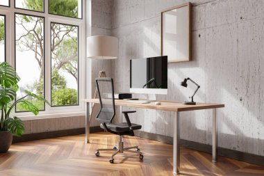 comfortable workplace pc standing on wooden desk in office at home; bright sunlight shines from side through large window; wall; with canvas copy space;  remote work freelance concept; 3D Illustration