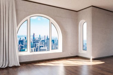 empty luxurious loft apartment with arched window and panoramic view over urban downtown; noble interior design mock up white curtain and wooden floor; 3D Illustration