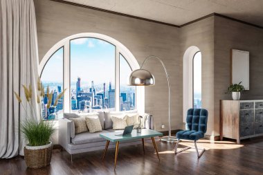 luxurious loft apartment with arched window and panoramic view over downtown; noble interior living room design mock up; 3D Illustration