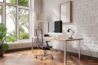 comfortable workplace pc standing on wooden desk in office at home; bright sunlight shines from side through large window; wall; with canvas copy space;  remote work freelance concept; 3D Illustration