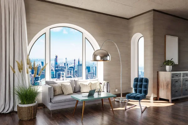 Luxurious Loft Apartment Arched Window Panoramic View Downtown Noble Interior — Φωτογραφία Αρχείου