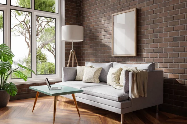 舒适舒适的客厅室内环境 阳光明亮的槽窗 带有现代笔记本电脑的地板灯和沙发桌 带有复制空间的画布 家庭装修概念 3D插图 — 图库照片