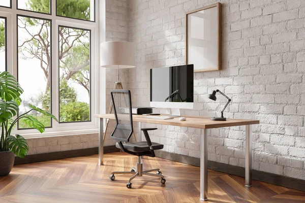 comfortable workplace pc standing on wooden desk in office at home; bright sunlight shines from side through large window; wall; with canvas copy space;  remote work freelance concept; 3D Illustration