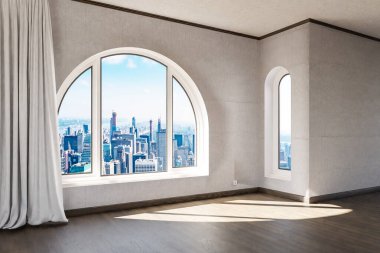 empty luxurious loft apartment with arched window and panoramic view over urban downtown; noble interior design mock up white curtain and wooden floor; 3D Illustration