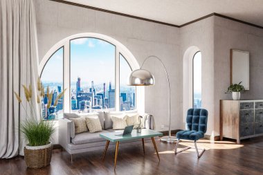 Şehir merkezi üzerinde kemerli pencere ve panoramik manzaralı lüks bir çatı katı; asil iç mekan tasarımı modelleme; 3D İllüstrasyon