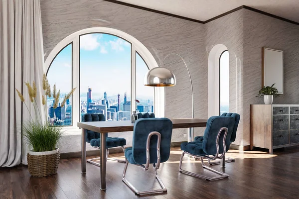 Luxurious Loft Apartment Arched Window Panoramic View Downtown Noble Dining — Φωτογραφία Αρχείου