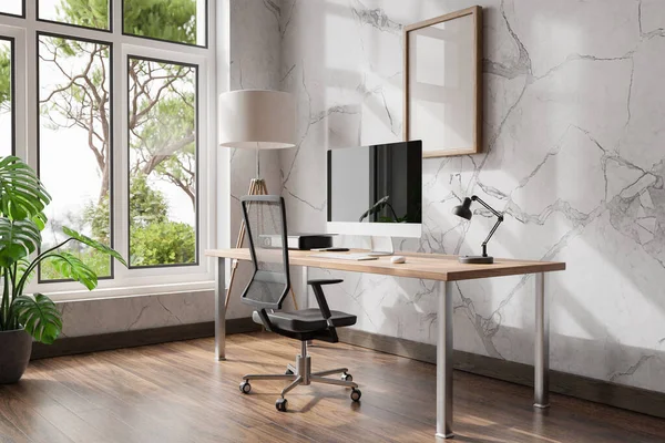 comfortable workplace pc standing on wooden desk in office at home; bright sunlight shines from side through large window; wall; with canvas copy space;  remote work freelance concept; 3D Illustration