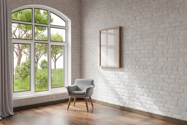 舒适的客厅内部 房间角落有椅子 阳光闪耀的凹槽窗 有复制空间的帆布 家庭装修概念 3D插图 — 图库照片