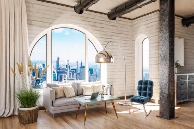 luxurious loft apartment with arched window and panoramic view over downtown; noble interior living room design mock up; 3D Illustration