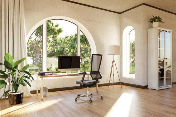 Comfortable Workplace Workstation Standing Front Large Arched Windows Landscape View — Stock Photo, Image