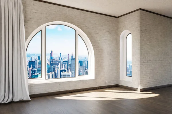 empty luxurious loft apartment with arched window and panoramic view over urban downtown; noble interior design mock up white curtain and wooden floor; 3D Illustration