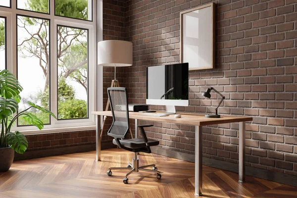 comfortable workplace pc standing on wooden desk in office at home; bright sunlight shines from side through large window; wall; with canvas copy space;  remote work freelance concept; 3D Illustration