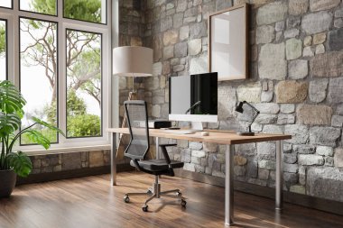 comfortable workplace pc standing on wooden desk in office at home; bright sunlight shines from side through large window; wall; with canvas copy space;  remote work freelance concept; 3D Illustration