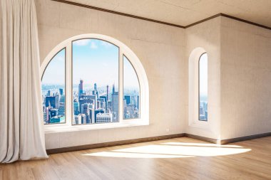 empty luxurious loft apartment with arched window and panoramic view over urban downtown; noble interior design mock up white curtain and wooden floor; 3D Illustration