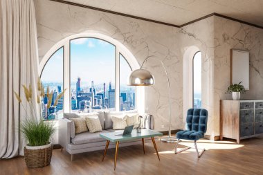 Şehir merkezi üzerinde kemerli pencere ve panoramik manzaralı lüks bir çatı katı; asil iç mekan tasarımı modelleme; 3D İllüstrasyon