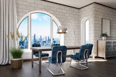 luxurious loft apartment with arched window and panoramic view over downtown; noble dining room interior design mock up; 3D Illustration