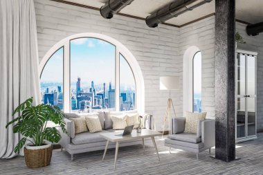 Şehir merkezi üzerinde kemerli penceresi ve panoramik manzaralı lüks çatı katı dairesi; iç oturma odası tasarımı modelleme; 3D İllüstrasyon