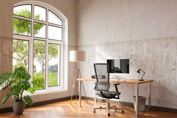 Comfortable Workplace Wooden Desk Office Home Bright Sunlight Side Large — Fotografia de Stock