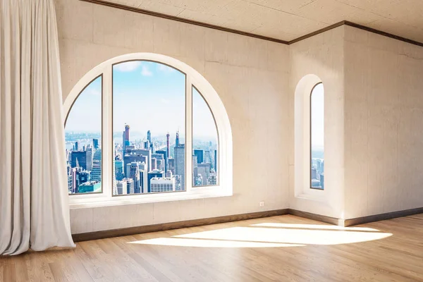 Empty Luxurious Loft Apartment Arched Window Panoramic View Urban Downtown — 图库照片