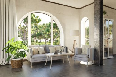 Kemerli pencere ve manzara manzaralı lüks bir kır evi dairesi; iç oturma odası tasarımı modelleme; 3D İllüstrasyon