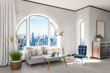 Şehir merkezi üzerinde kemerli pencere ve panoramik manzaralı lüks bir çatı katı; asil iç mekan tasarımı modelleme; 3D İllüstrasyon
