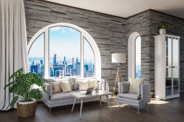 Şehir merkezi üzerinde kemerli penceresi ve panoramik manzaralı lüks çatı katı dairesi; iç oturma odası tasarımı modelleme; 3D İllüstrasyon