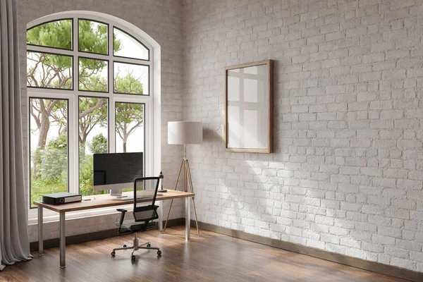 Comfortable Workplace Standing Wooden Desk Office Home Bright Sunlight Shines — Fotografia de Stock