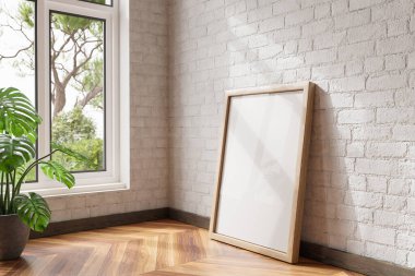 single empty canvas poster mock up leaning on wall; bright daylight shining through large window; home decoration desing; 3D Illustration