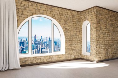 empty luxurious loft apartment with arched window and panoramic view over urban downtown; noble interior design mock up white curtain and wooden floor; 3D Illustration