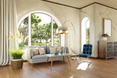 Kemerli pencere ve manzara manzaralı lüks bir kır evi dairesi; iç oturma odası tasarımı modelleme; 3D İllüstrasyon