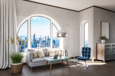 Şehir merkezi üzerinde kemerli pencere ve panoramik manzaralı lüks bir çatı katı; asil iç mekan tasarımı modelleme; 3D İllüstrasyon