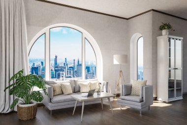 Şehir merkezi üzerinde kemerli penceresi ve panoramik manzaralı lüks çatı katı dairesi; iç oturma odası tasarımı modelleme; 3D İllüstrasyon